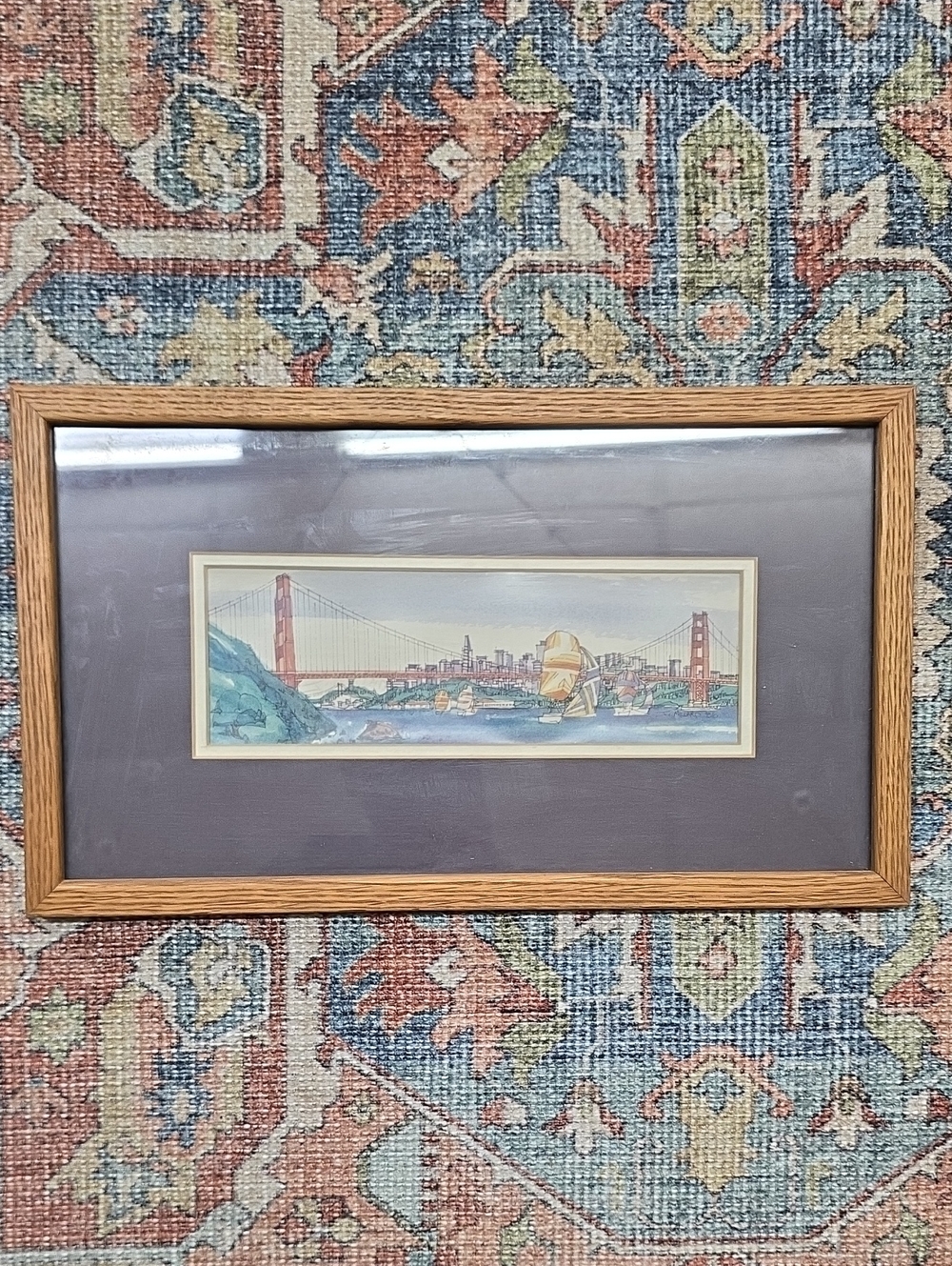 Framed Golden Gate Bridge Watercolor Print in Brown Frame